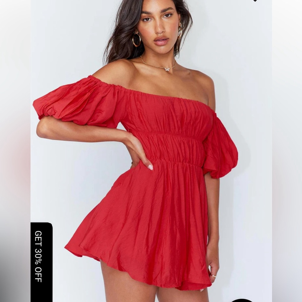 Princess Polly Red Off Shoulder Mini Dress Ruched Puff Sleeve Party Size 4